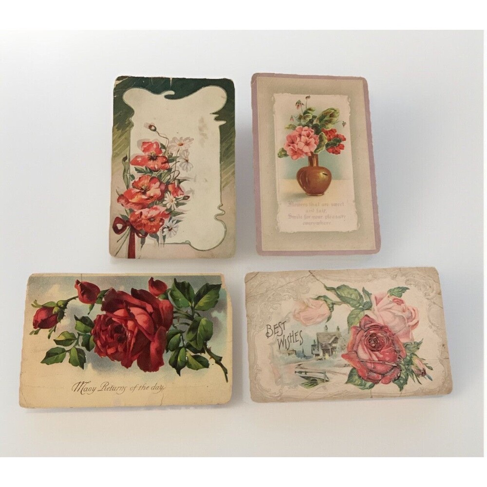 ~Lot of 4 1910s Antique~Greetings Postcards~Flowers & Scenes~ Floral